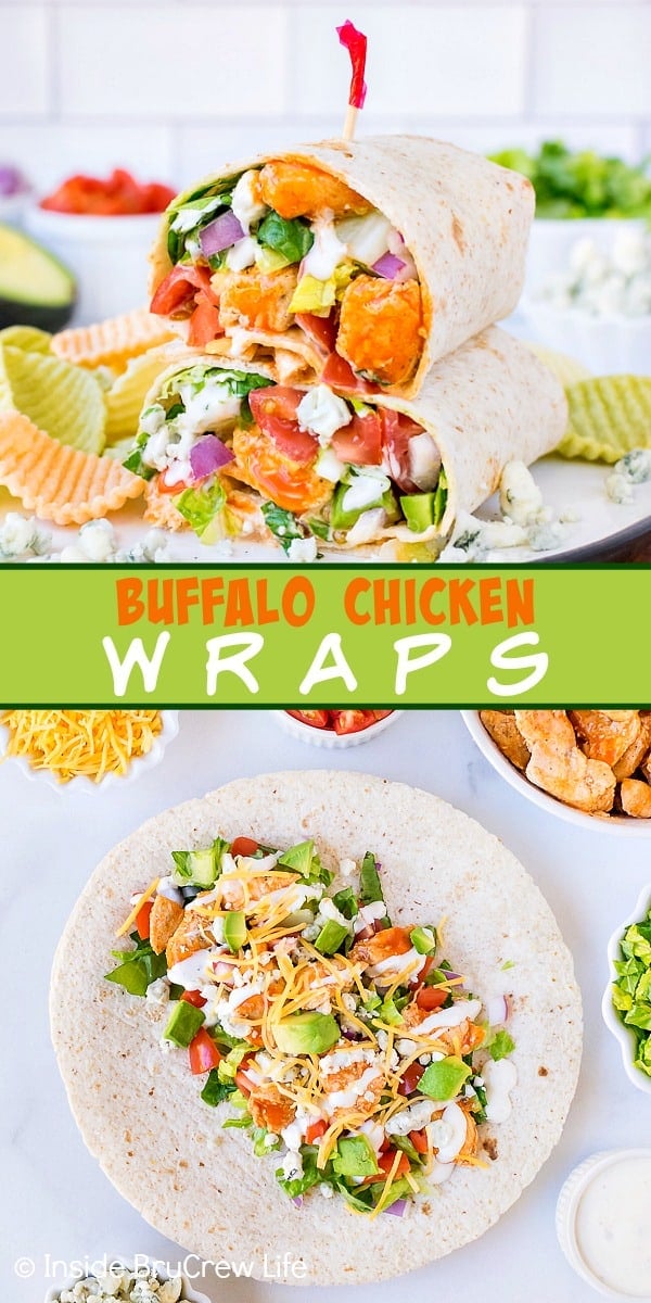 Two pictures of buffalo chicken wraps collaged together with a green text box