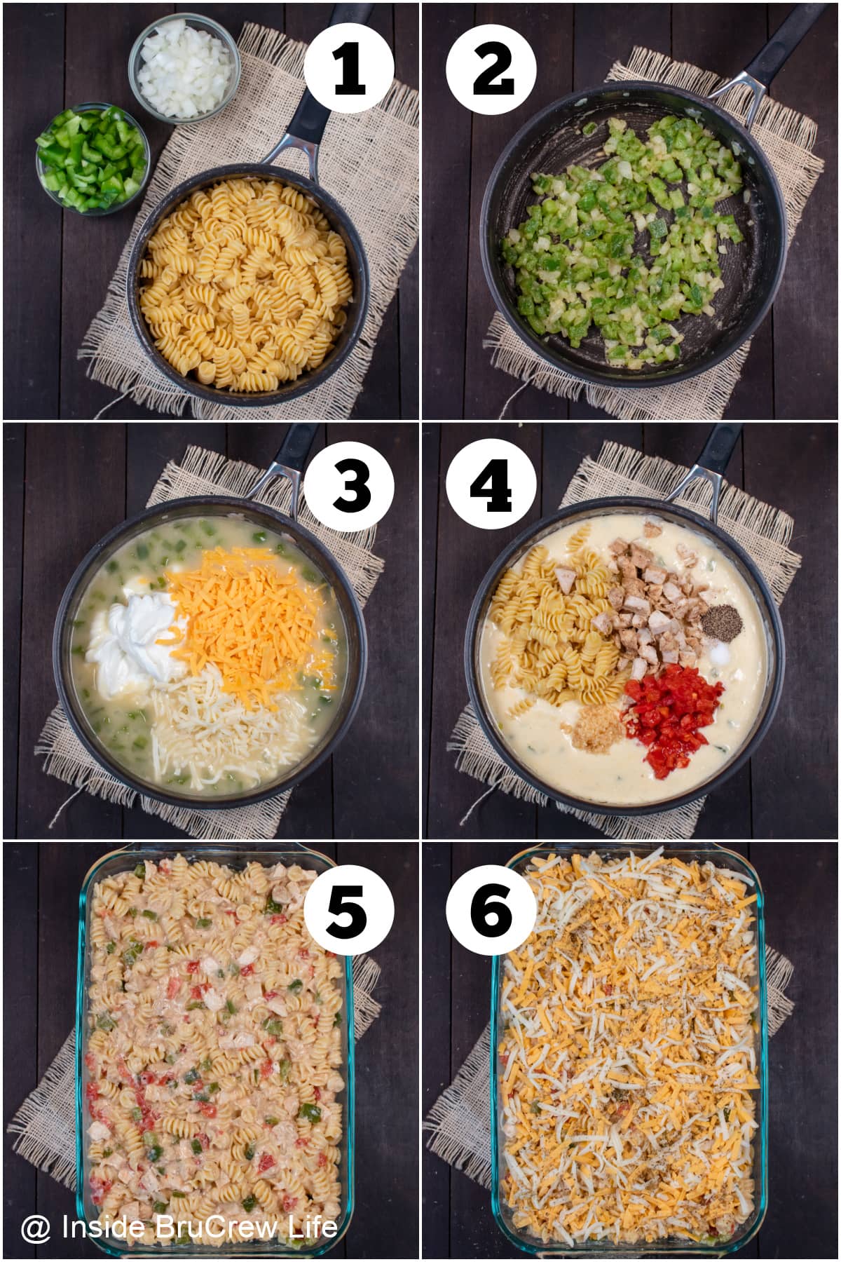 Six pictures collaged together showing the steps for making a cheesy pasta casserole.