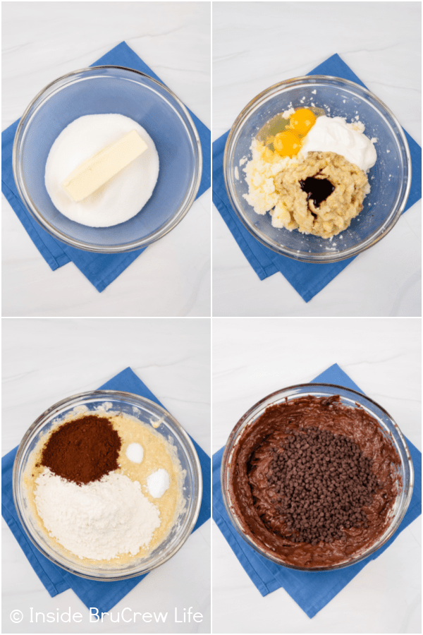 Four pictures collaged together showing how to make cocoa banana bread.