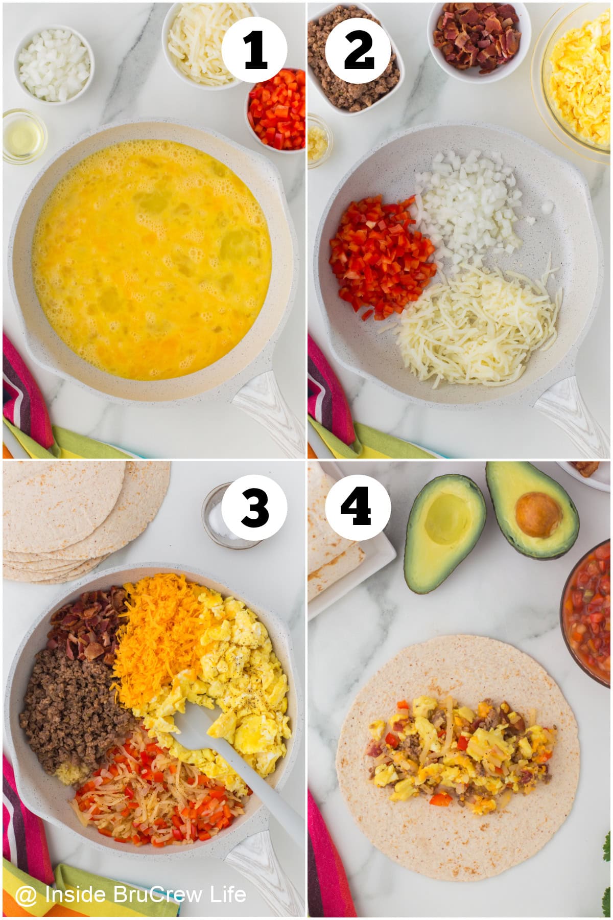 Four pictures collaged together showing how to make breakfast wraps.