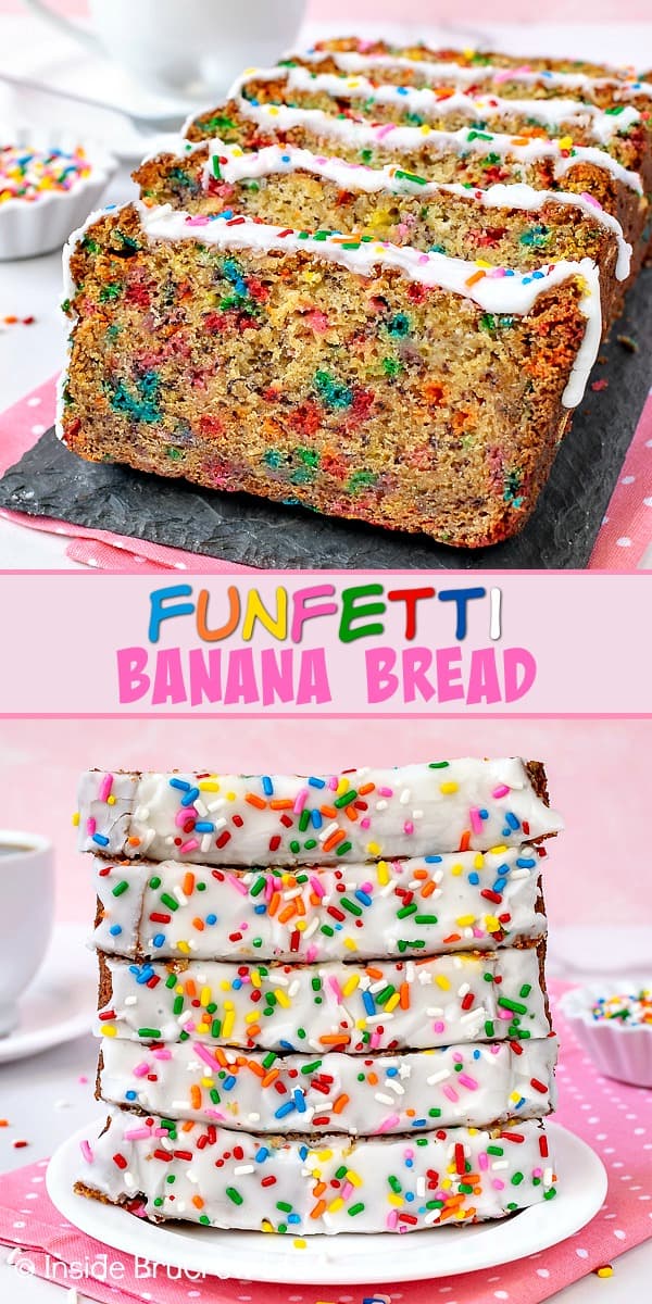 Funfetti Banana Bread - this easy banana bread is loaded with sprinkles and cake batter flavor. Make this fun recipe the next time you have ripe bananas on your counter. #banana #sweetbread #bananabread #funfetti #cakebatter #sprinkles