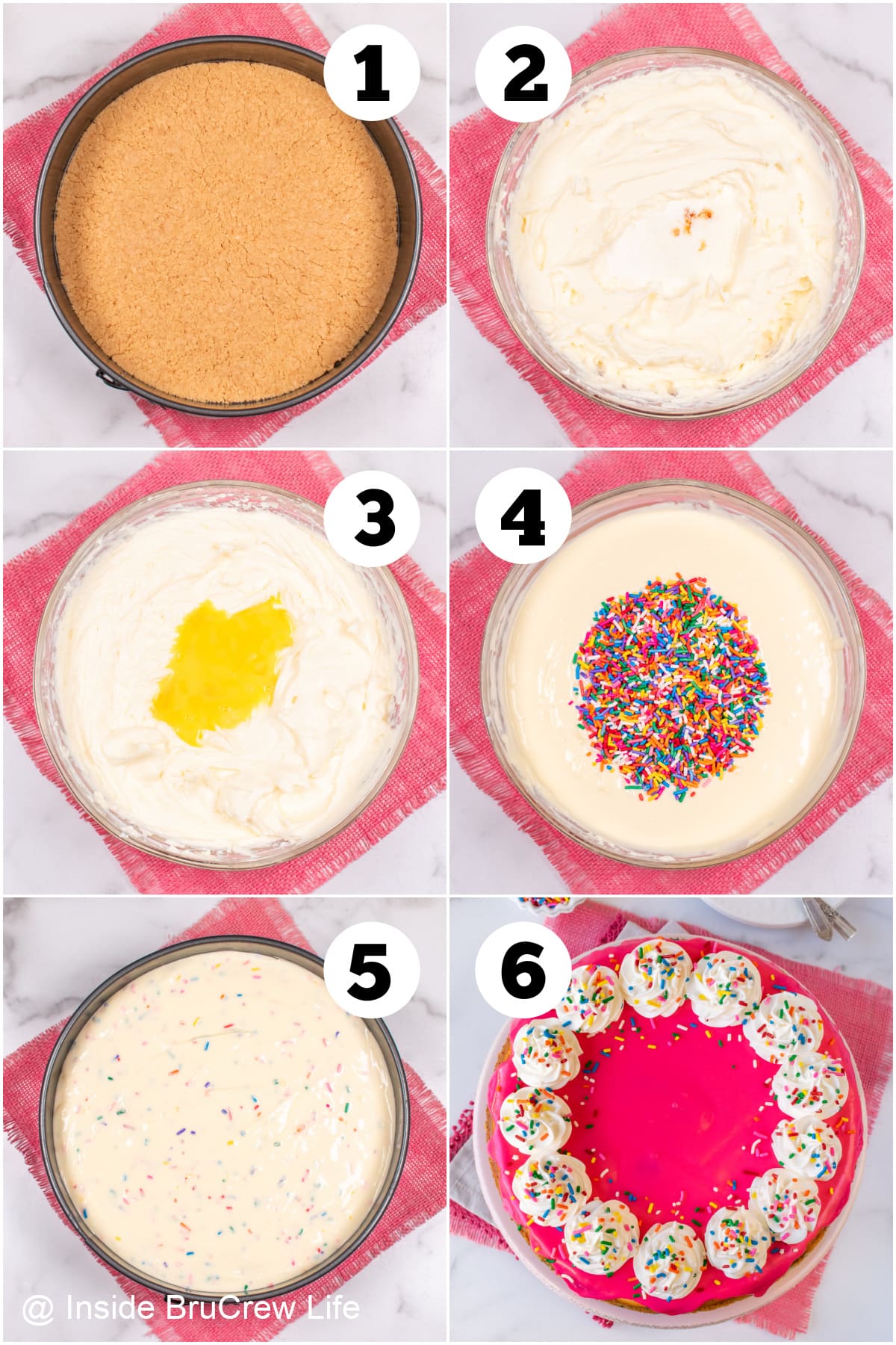 Six pictures collaged together showing how to make a sprinkle cheesecake.