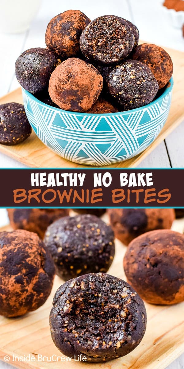 Healthy No Bake Brownie Bites - satisfy your sweet tooth with these healthy chocolate energy bites. They are made from six natural ingredients and taste so good. Easy treat to make when you are craving chocolate. #healthy #energybites #browniebites #nobake #chocolate #figbars #glutenfree #vegan #paleo #energyballs