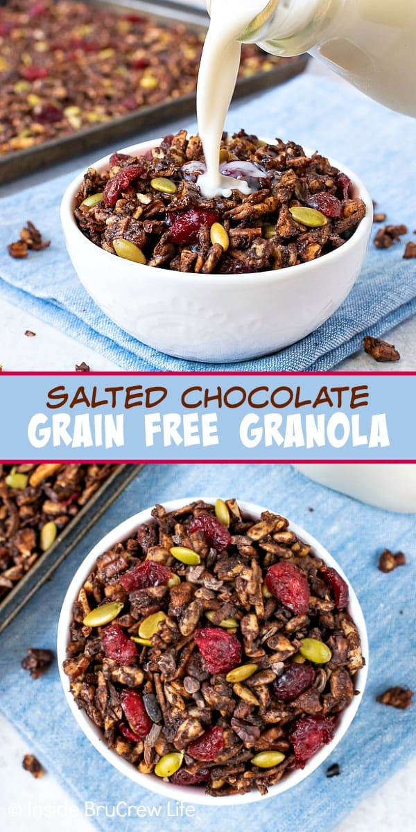 Salted Chocolate Grain Free Granola - four kinds of nuts, coconut, and cocoa powder makes this the best grain free granola. Make this easy recipe for breakfast or after school snacks. #healthy #granola #grainfree #breakfast #homemade #glutenfree #vegan #dairyfree