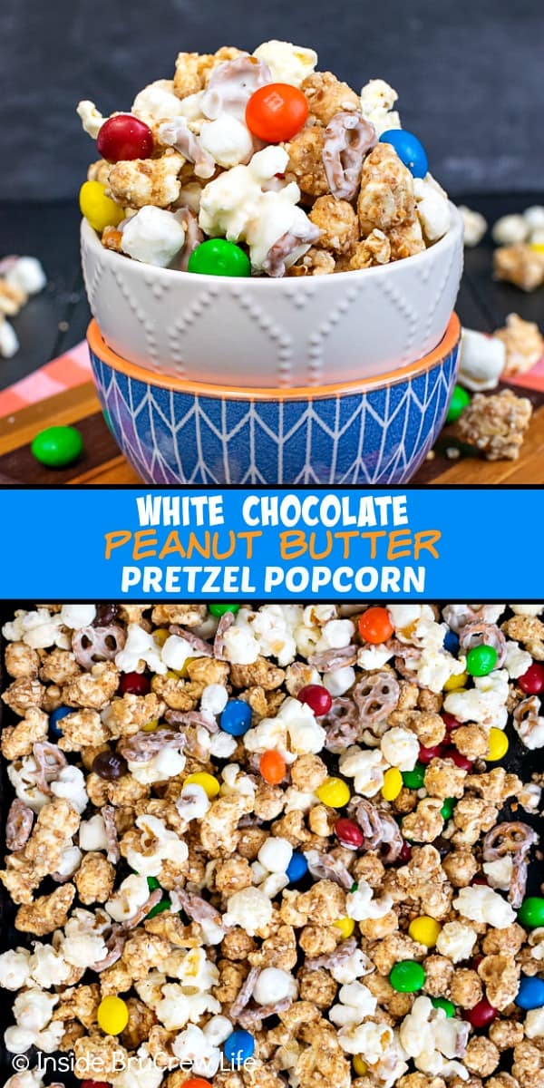 White Chocolate Peanut Butter Pretzel Popcorn - this easy chocolate covered popcorn is loaded with marshmallows, pretzels, and peanut butter candies. Great recipe to make and snack on during movie nights or game days! #popcorn #chocolatecoveredpopcorn #whitechocolate #peanutbutter #pretzel #gameday #snackmix #nobake