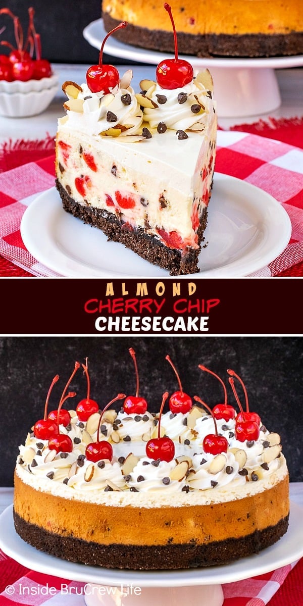 Two pictures of cherry almond cheesecake with a brown text box.