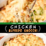 Two pictures of chicken Alfredo gnocchi with a black text box.