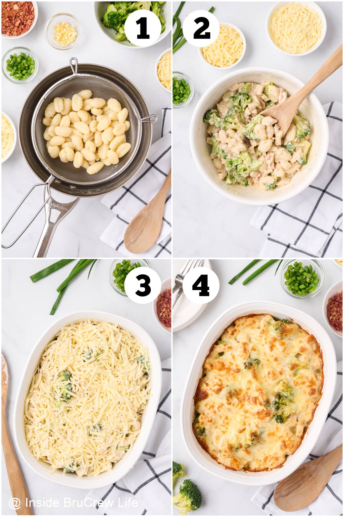 Four pictures collaged together showing how to make gnocchi Alfredo with chicken.