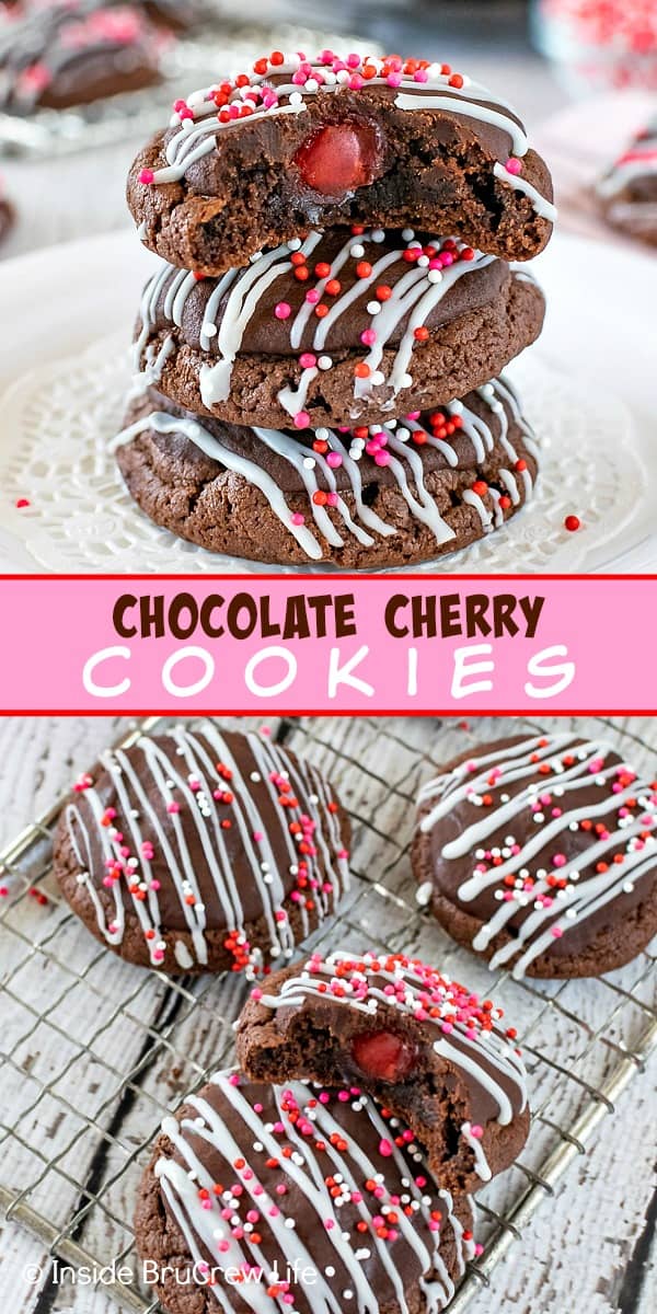 2 pictures of chocolate cookies with a cherry stuffed in the middle.