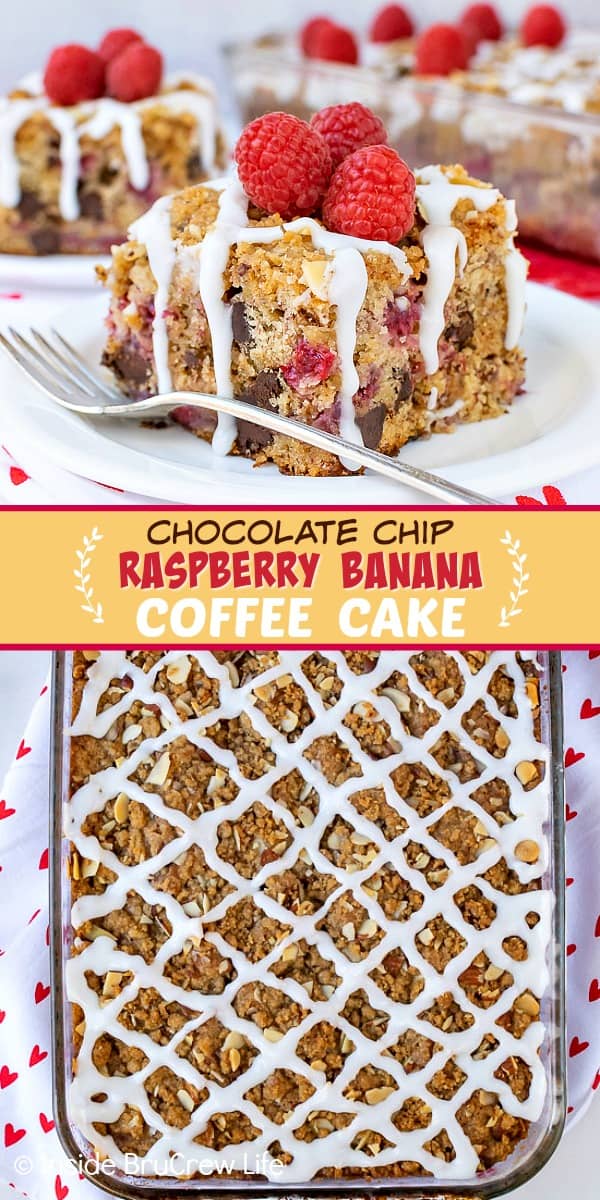 Chocolate Chip Raspberry Banana Coffee Cake - a soft banana coffee cake with fresh raspberries, chocolate, and a buttery streusel on top is a delicious breakfast treat. Make this easy recipe with the ripe bananas on your counter.