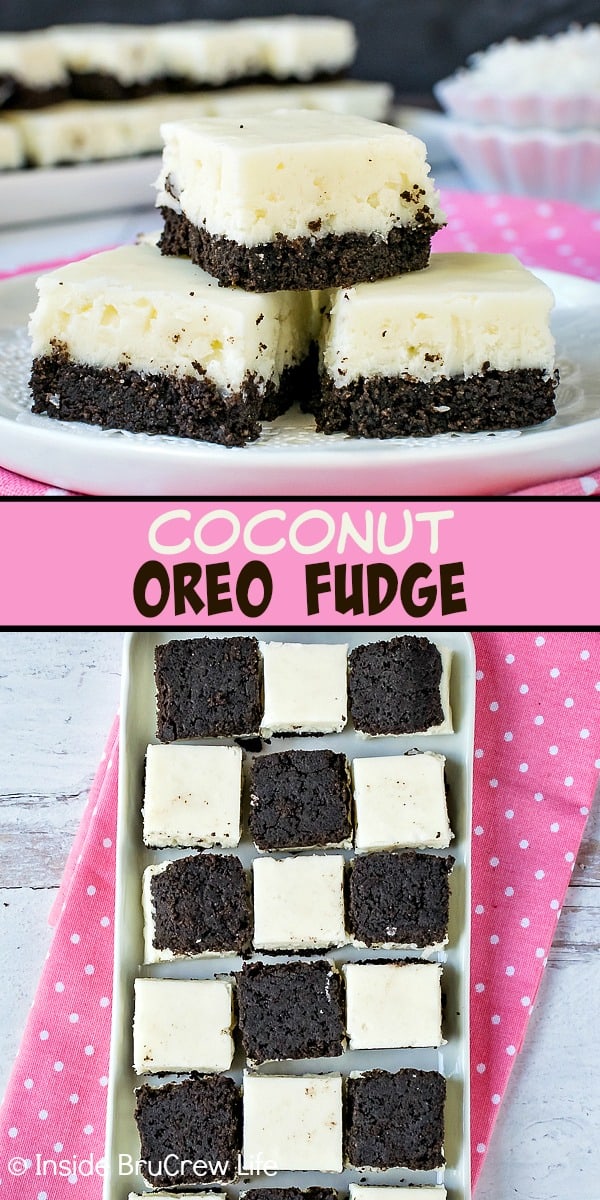 2 pictures of oreo coconut fudge separated by a text box.