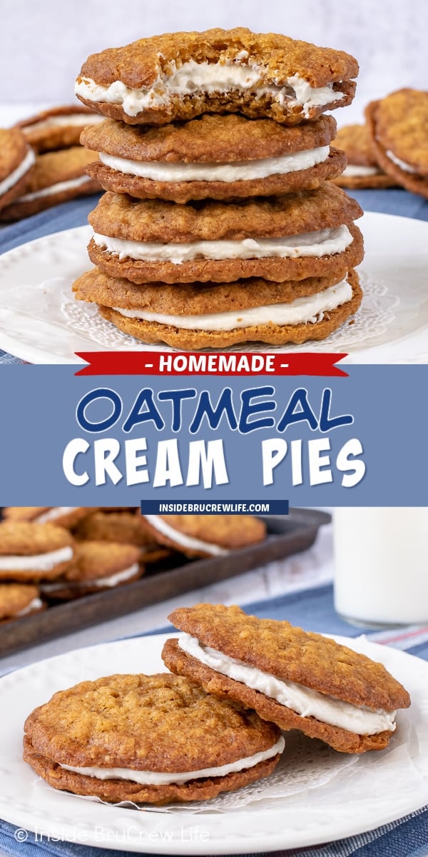 Two pictures of homemade oatmeal cream pies collaged together with a light blue text box.