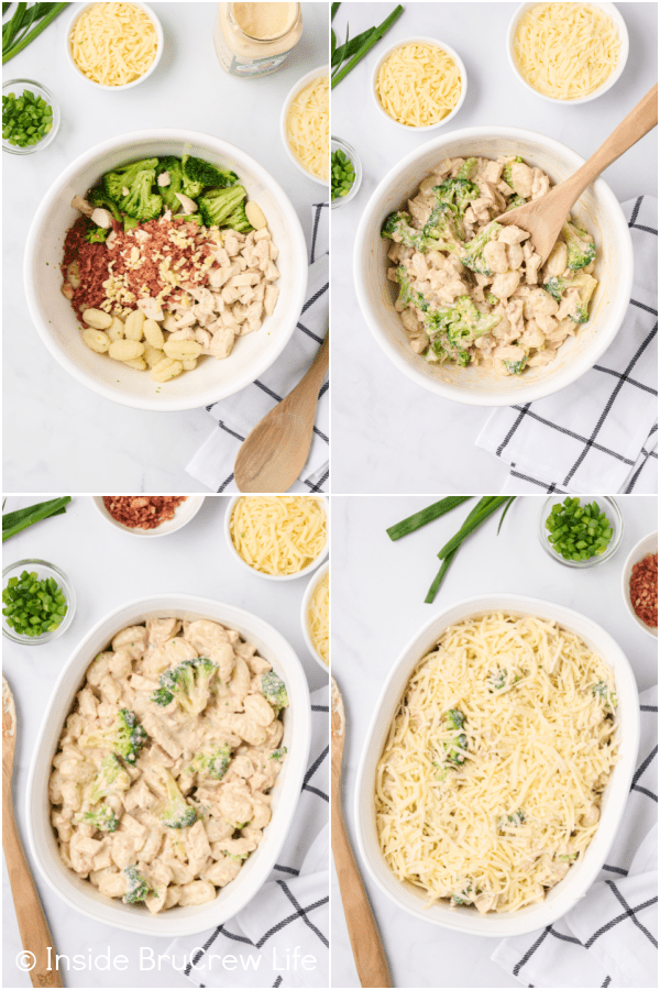 Four pictures collaged together showing how to put together a cheesy casserole.