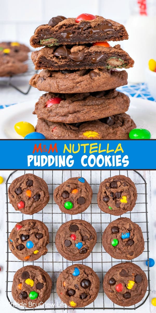 M&M Nutella Pudding Cookies - these easy pudding cookies are loaded with chocolate chips and candy. Make this amazing cookie recipe for dessert or bake sales. #cookies #nutella #puddingcookies #chocolate #candy #chocolatechipcookies