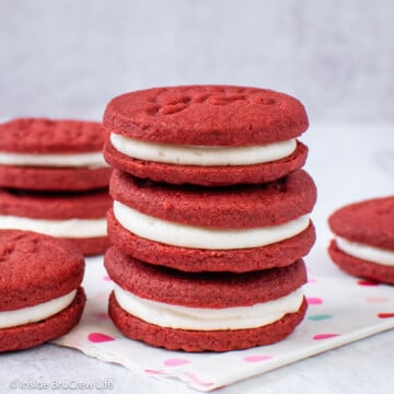 Three red cookies stacked together.