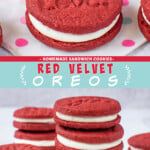 Two pictures of red velvet Oreos collaged with a teal text box.