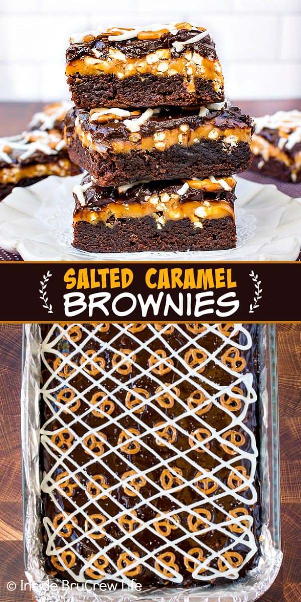 Two pictures of Salted Caramel Brownies collaged together with a brown text box.