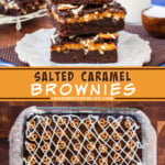 Two pictures of salted caramel brownies collaged with a gold text box.