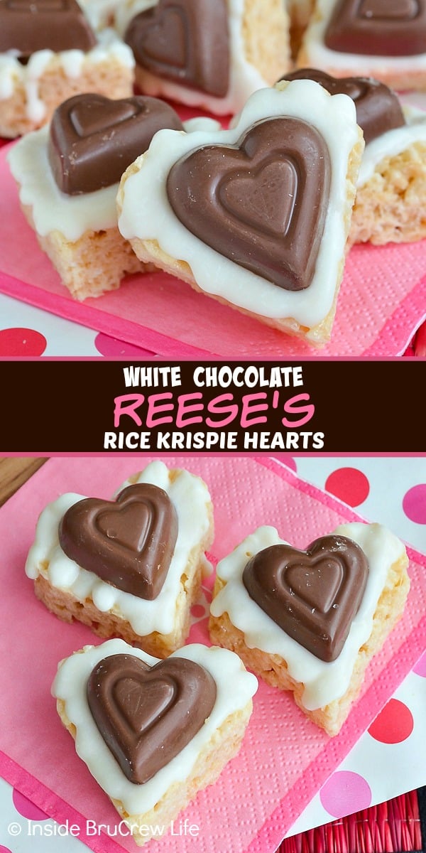 2 pictures of rice krispie treats in the shape of a heart.