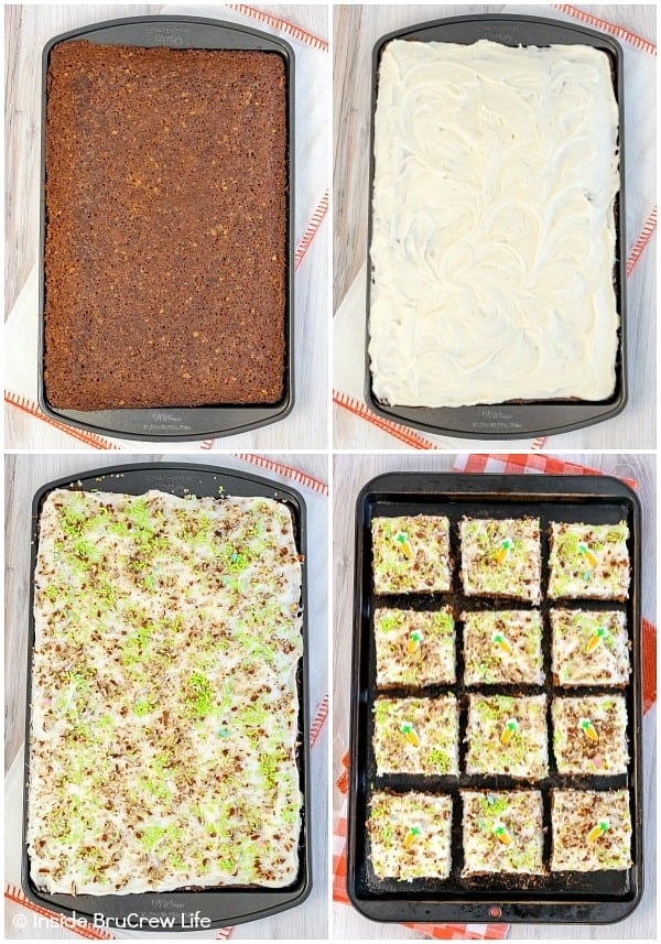 Four pictures grouped together showing how to make and frost carrot cake bars in a sheet pan.