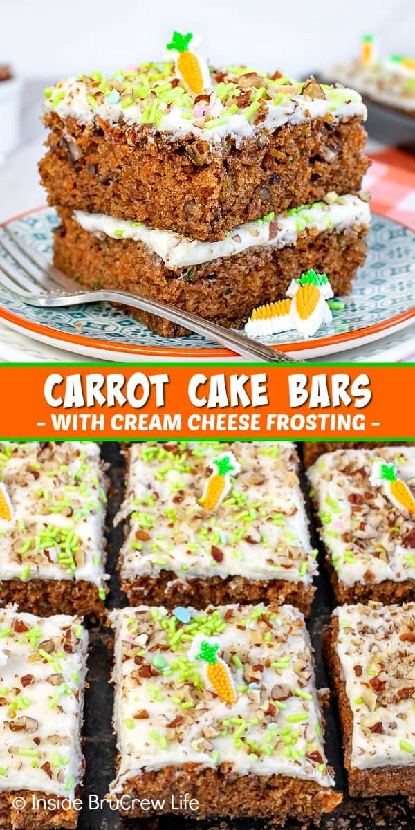 Two pictures of carrot cake bars collaged together with an orange text box