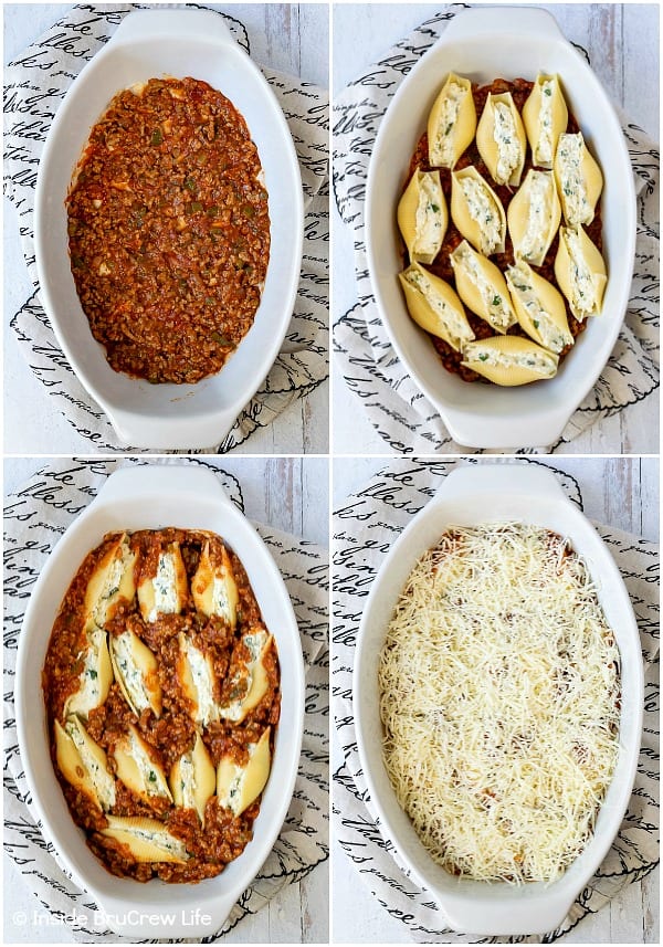 Four pictures collaged together showing how to put stuffed shells together in a pan with meat sauce.