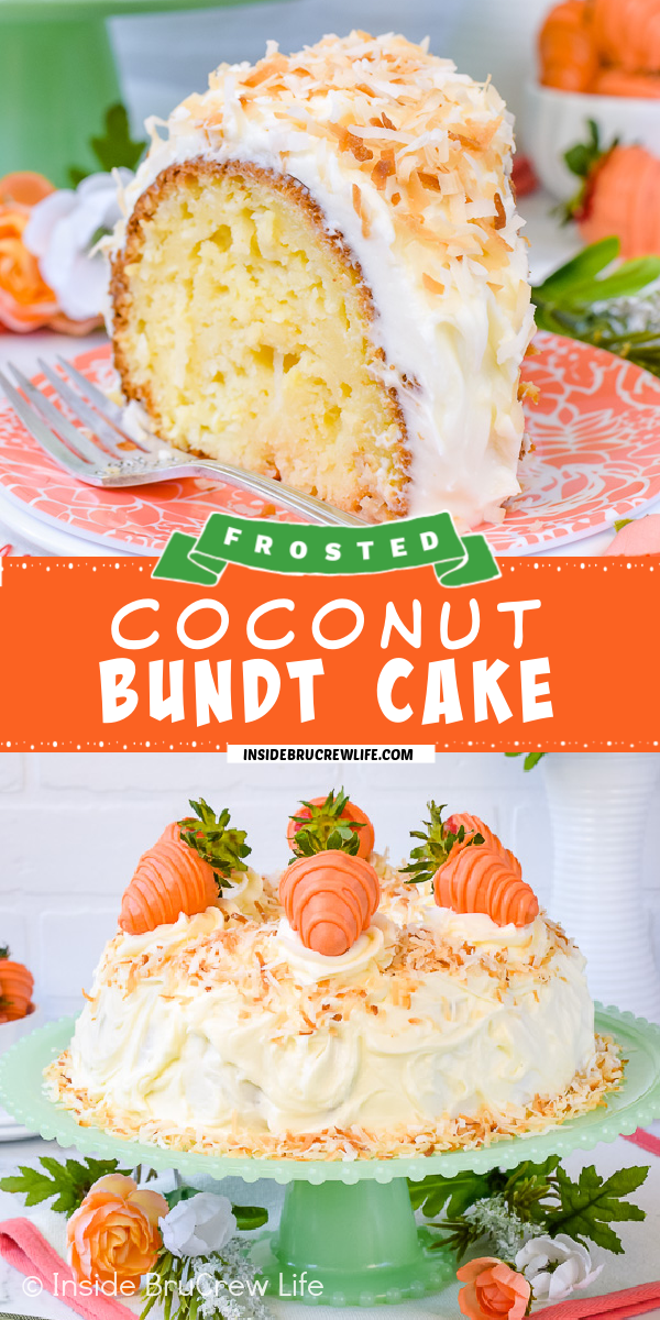 Two pictures of coconut bundt cake collaged together with an orange text box.