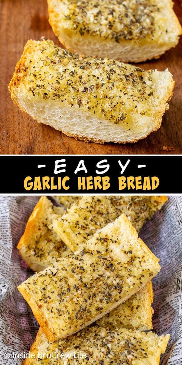 Easy Garlic Herb Bread - spread a generous amount of garlic butter on top of a French loaf and bake until toasted. This easy recipe has tips for crispy, soft, or frozen garlic bread. Add this delicious bread to every meal.