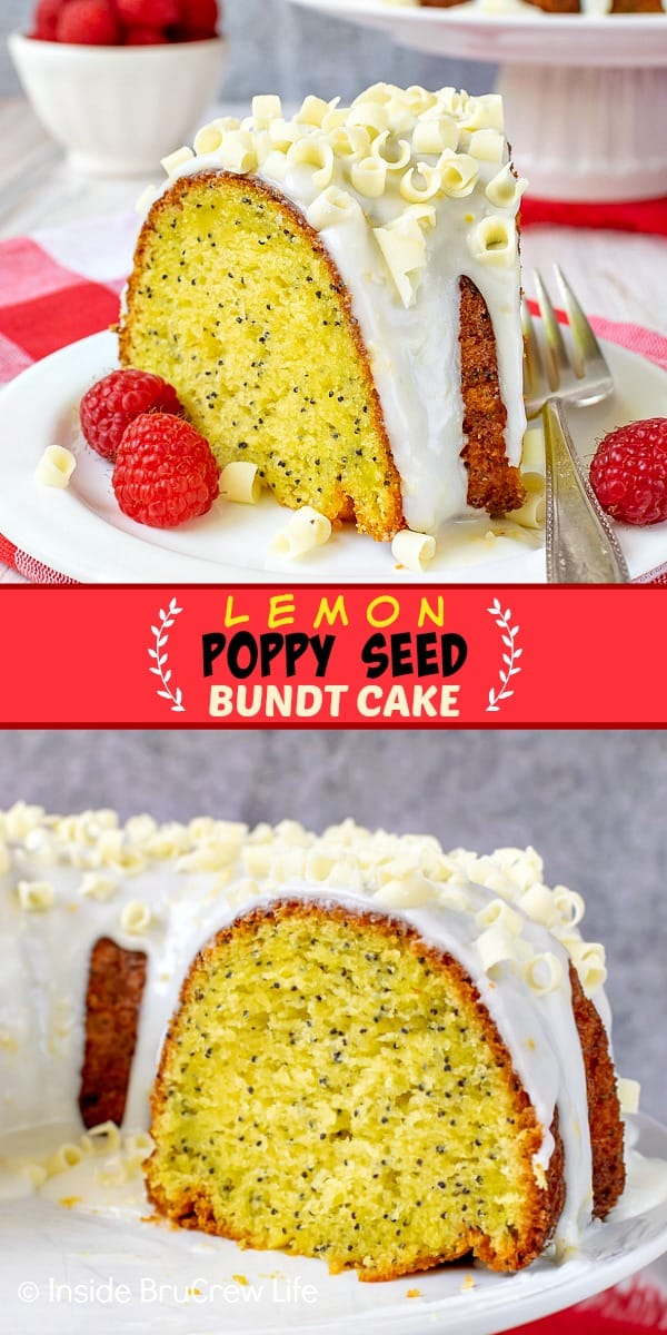 Two pictures of lemon bundt cake collaged together with a red text block