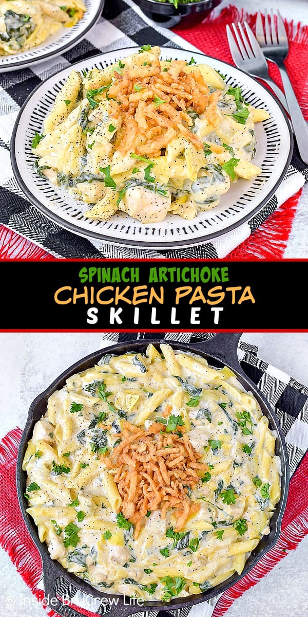 Two photos of chicken pasta combined with a black text box to make a collage