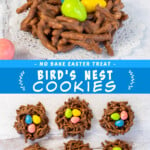 Two pictures of birds nest cookies with a blue text box.