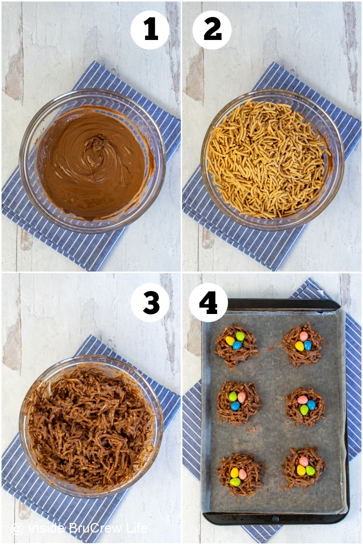 Four pictures collaged together showing how to make nest cookies.