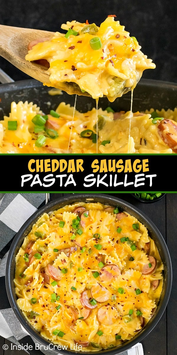Two pictures of cheddar pasta collaged together with a black text block