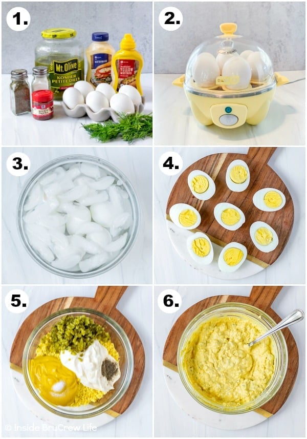 A collage of six pictures showing how to make dill pickle deviled eggs