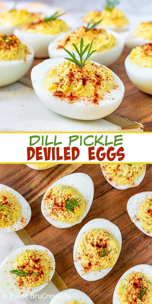 Two pictures of deviled eggs collaged together with a white text block