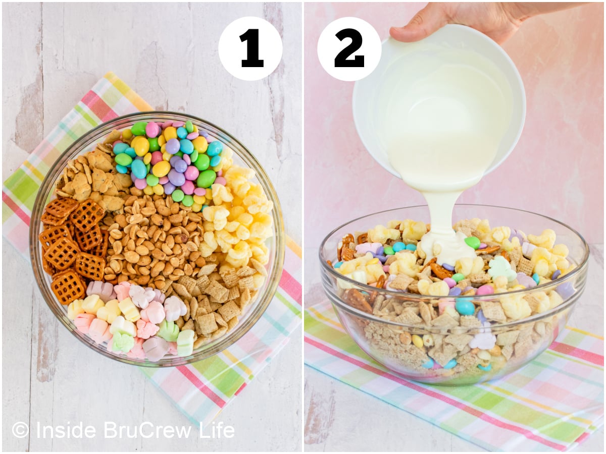 Two pictures collaged together showing how to mix up an Easter snack mix.