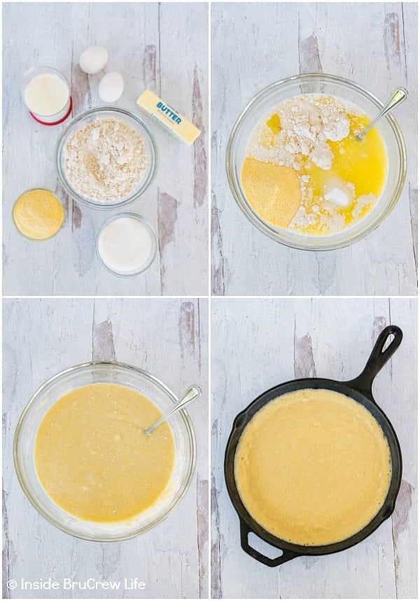 Four pictures of how to make easy skillet cornbread collaged together