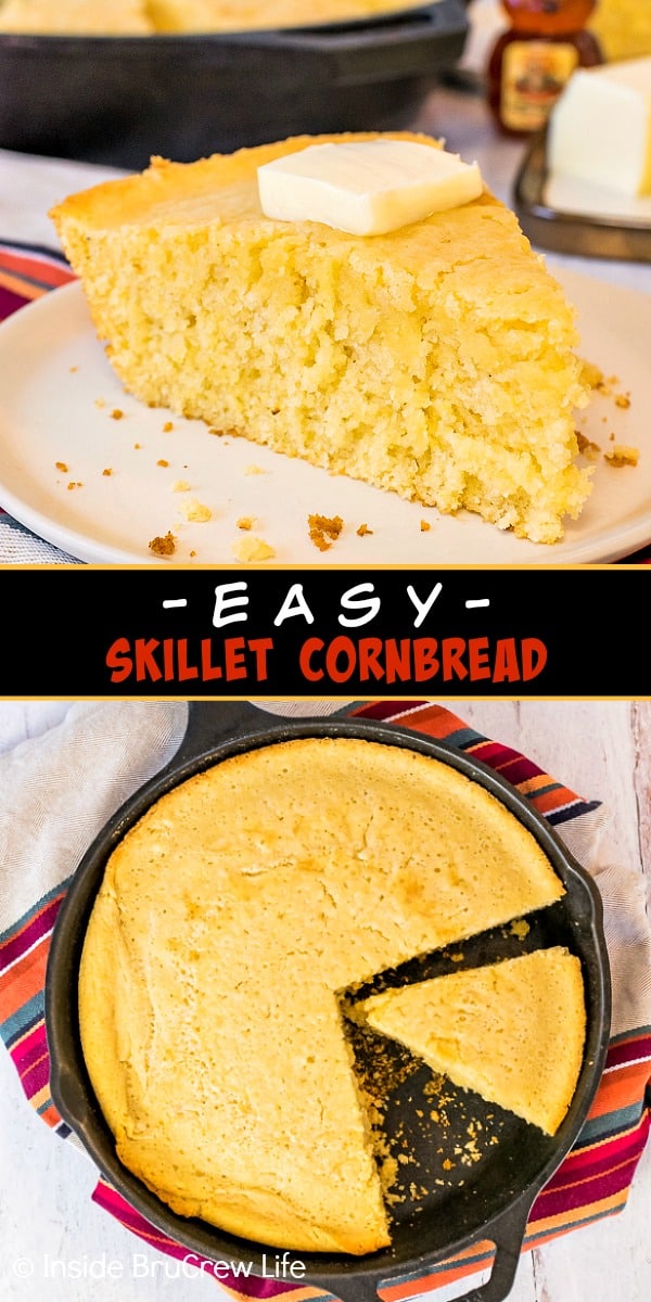 Two pictures of easy skillet cornbread collaged together with a black text box