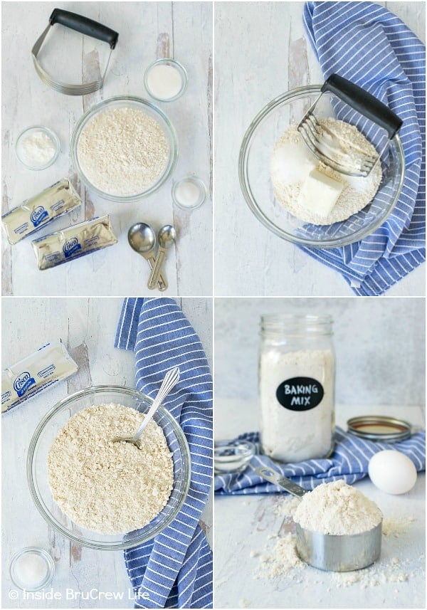 Four pictures in one showing how to make homemade baking mix