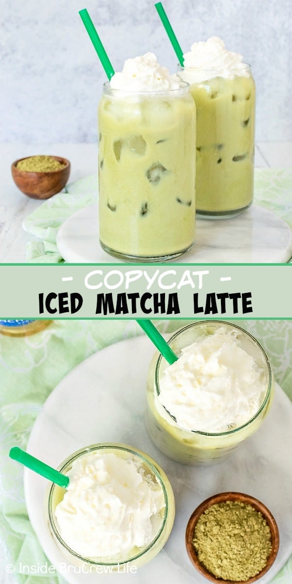 Two pictures of iced green tea lattes collaged together with a green text block.