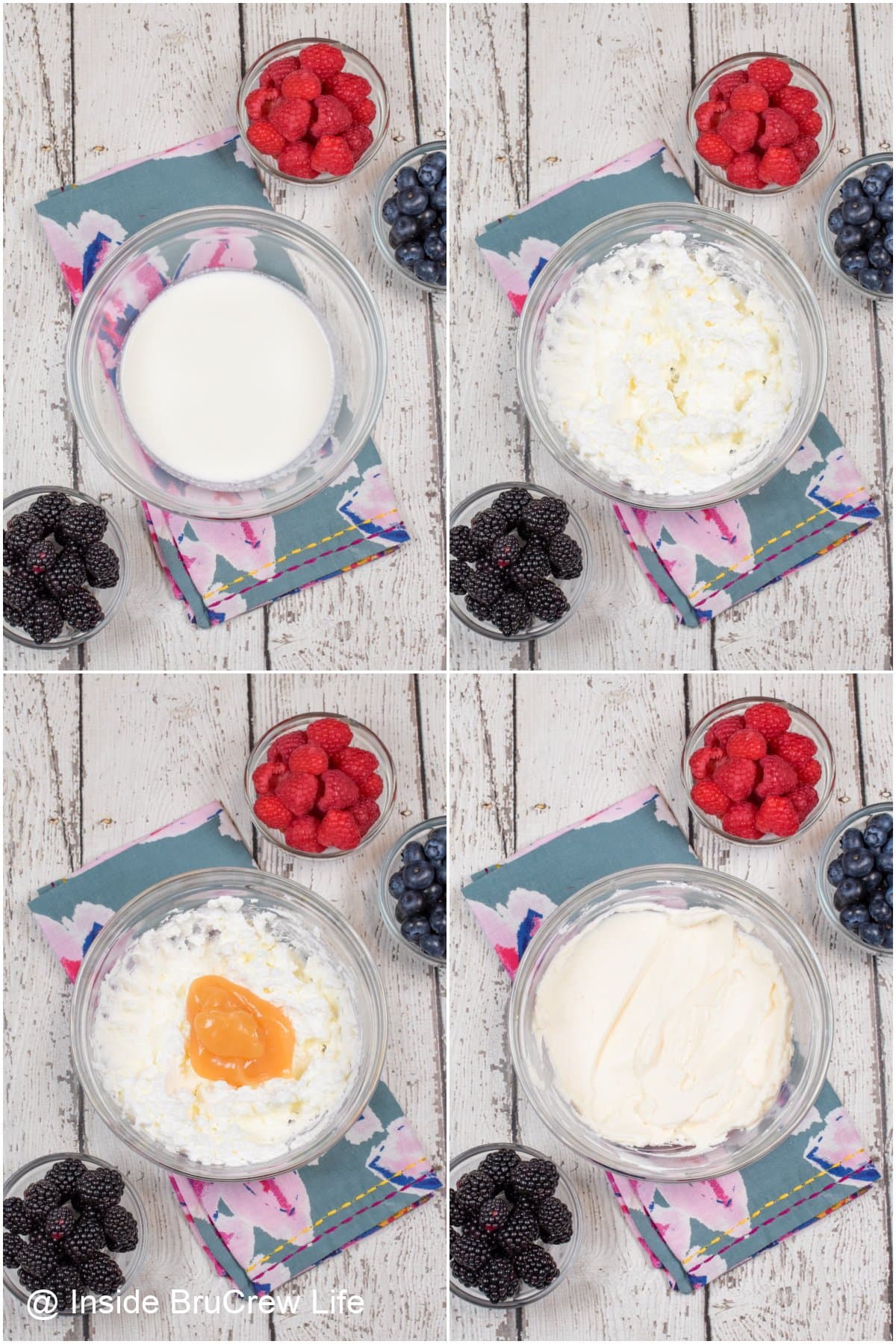 Four pictures collaged together showing how to make a fruit dip.