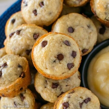 A stack of chocolate chip pancake bites on a plate.