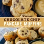 Two pictures of chocolate chip pancake muffins collaged with a yellow text box.