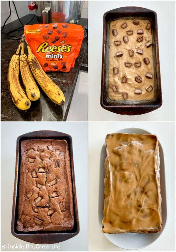 Four pictures collaged together showing the stages of baked banana bread
