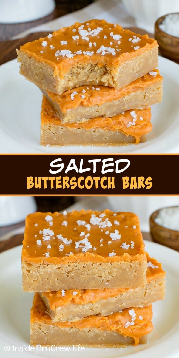 Two pictures of salted butterscotch bars collaged together with a brown text box