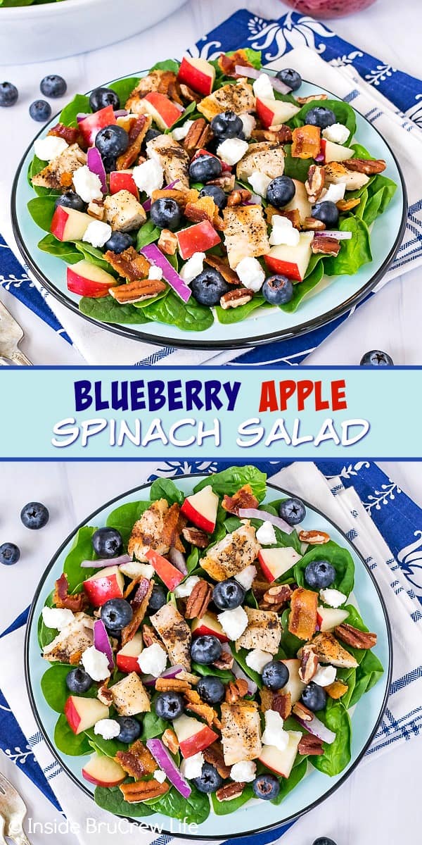 Two pictures of Blueberry Apple Spinach Salad collaged together with a blue text box