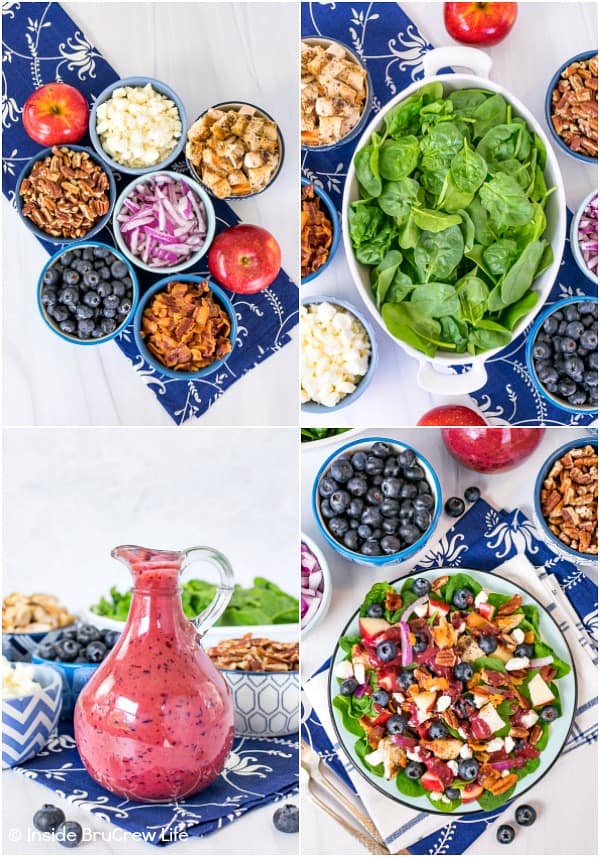 A collage of four pictures showing bowls of spinach, salad toppings, and homemade blueberry dressing