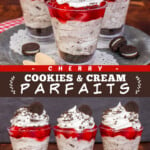 Two pictures of cherry cookies and cream parfaits collaged with a black text box.