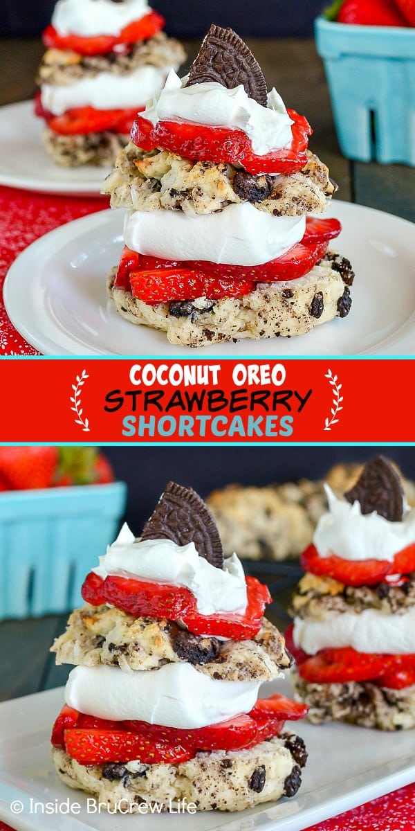 Two pictures of Coconut Oreo Strawberry Shortcakes collaged together with a red text box