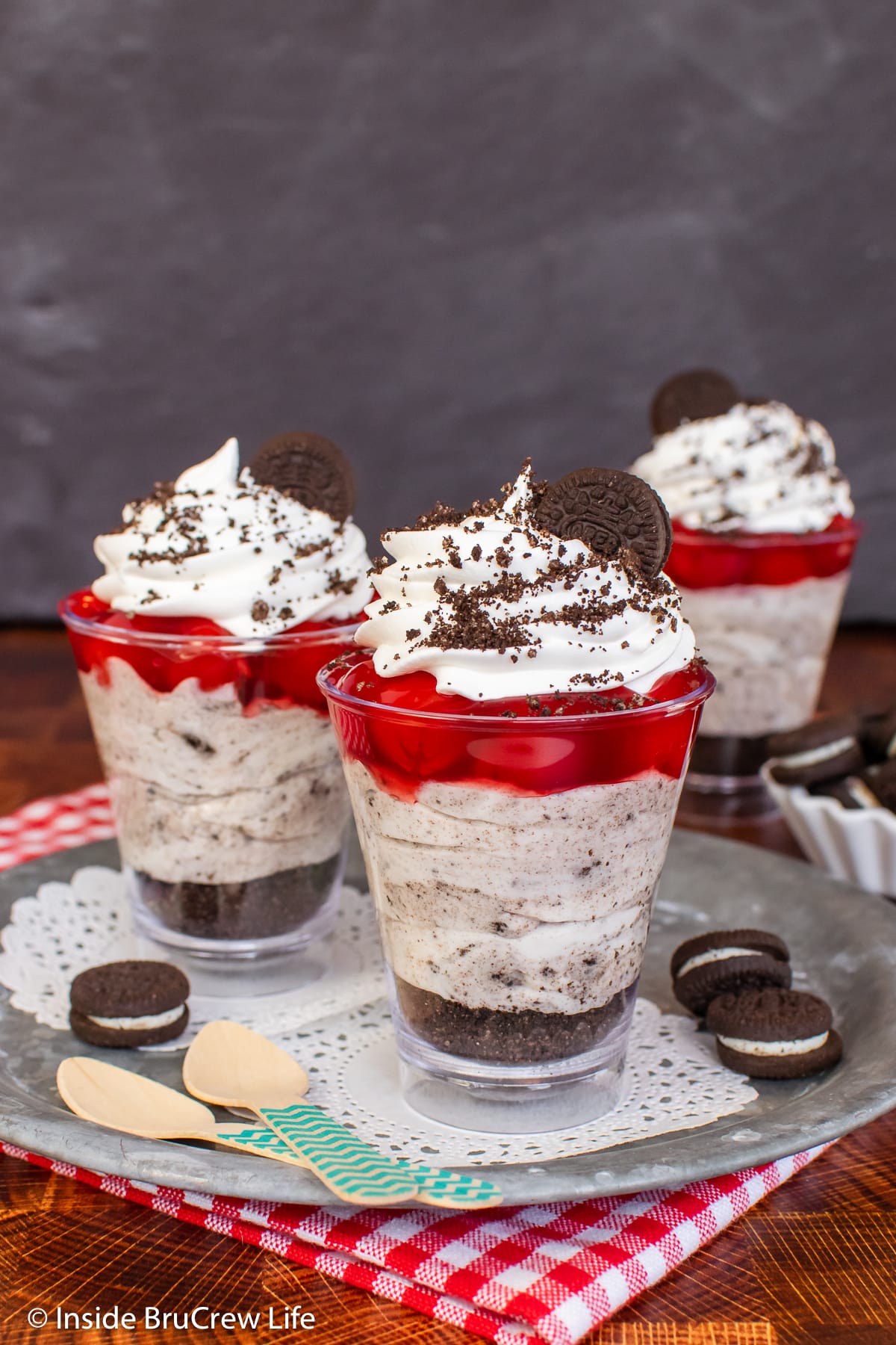 Creamy cookie parfaits topped with cherry filling.